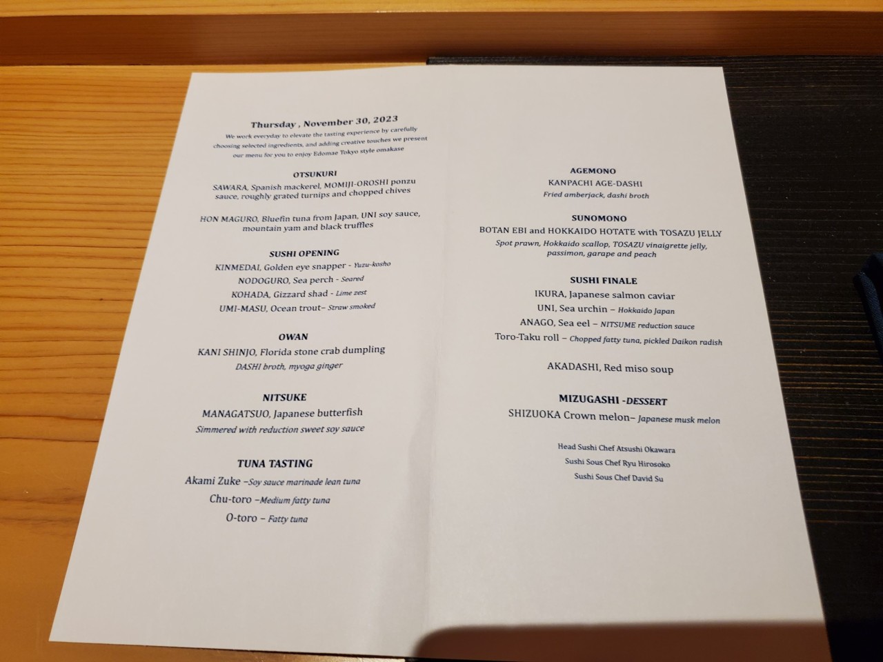 Dinner Menu at The Den at Azabu in Miami Beach