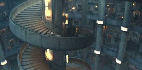Escorting Jules up the stairs
