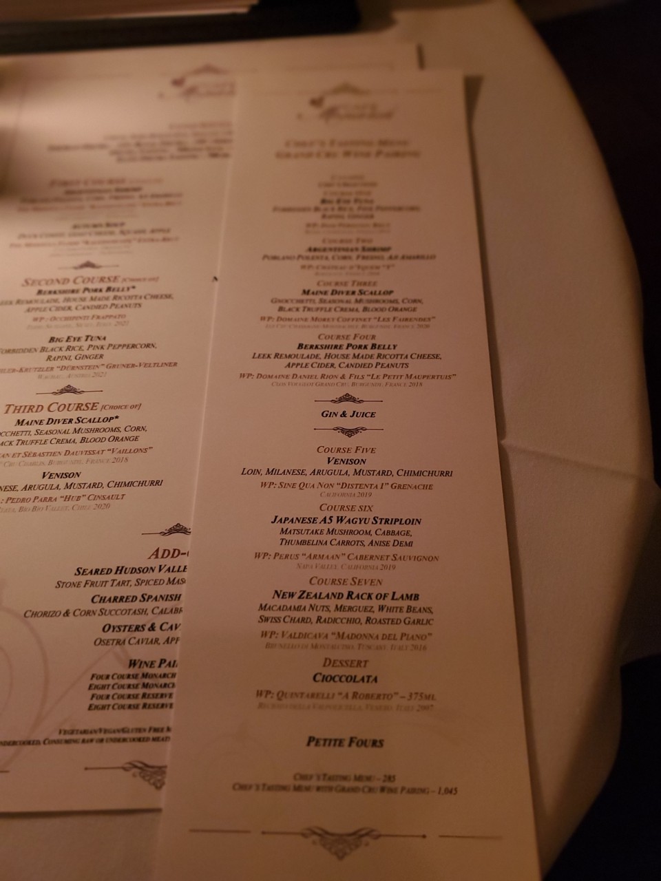 8 course menu at Cafe Monarch in Scottsdale, AZ