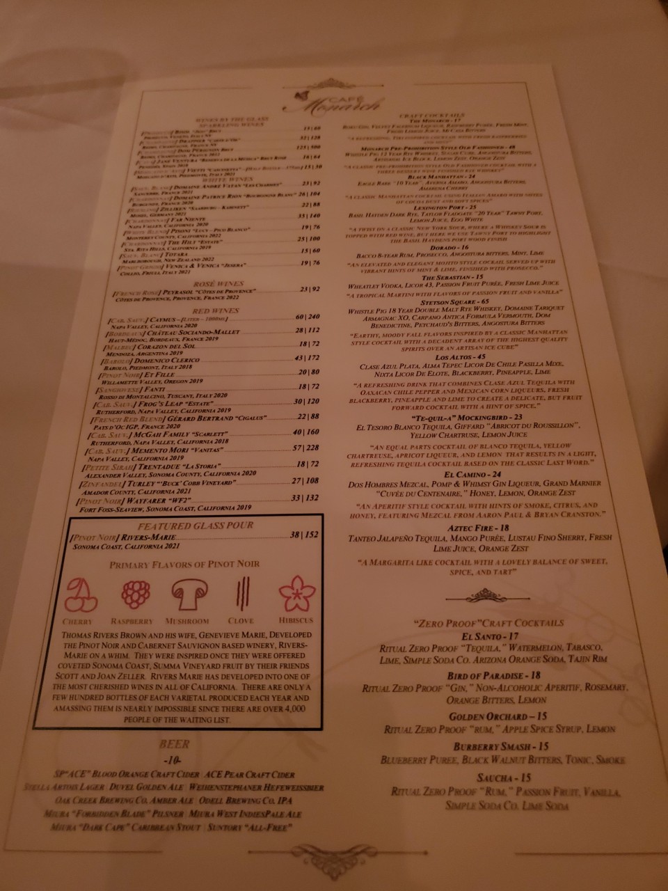 Drink Menu at Cafe Monarch in Scottsdale, AZ