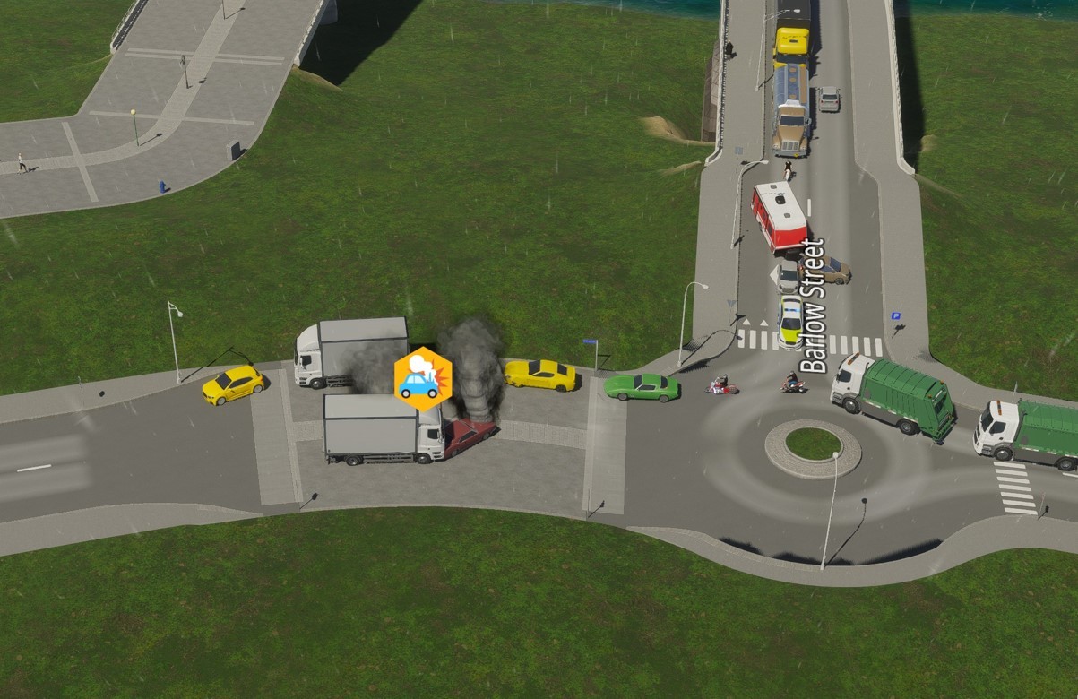 Car Accident fixed by bulldoze/rebuild of road in Cities Skylines 2